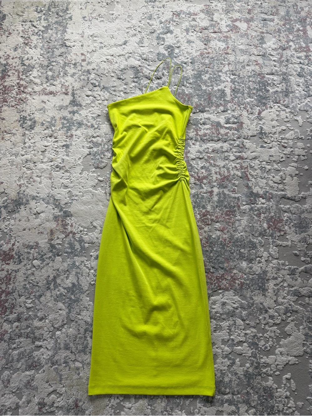 Zara Neon Lime One-Shoulder Ruched Midi Dress